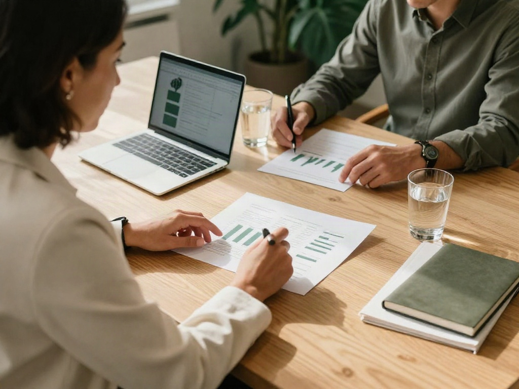 Business advisors collaborating over printed performance charts and a laptop at an oak table