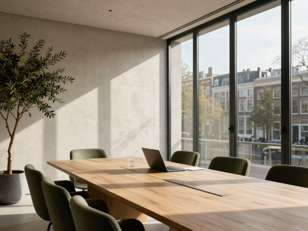 Sunlit contemporary boardroom with an oak conference table and forest-green chairs